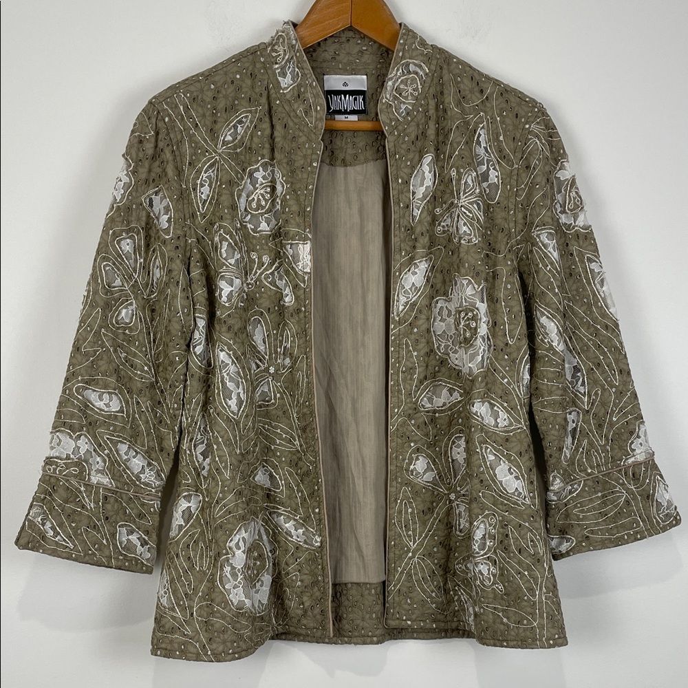 Yak Magik Women's Medium Olive Eyelet Embroidered Jacket Blazer 3/4 Sleeve Lace